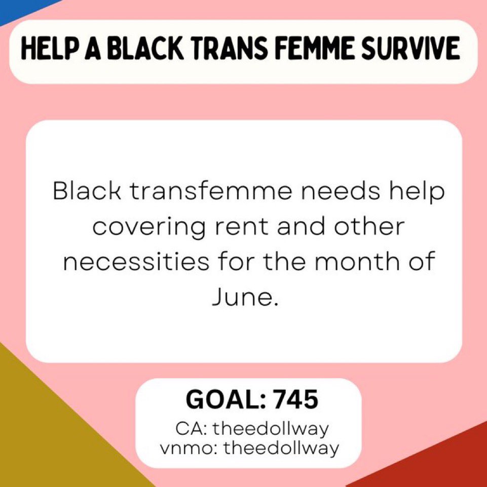 good evening all! a black trans femme is in need of funds in order to afford rent this month. she's been job hunting and hopes to receive good news soon. her goal is $745 and if you have the means to assist her tags are @/$theedollway on vm & cashapp respectively