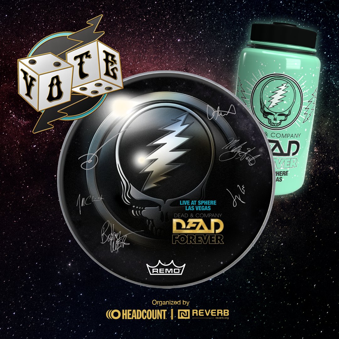 We are thrilled to be tabling with @reverb_org and @headcountorg on #ParticipationRow at @DeadandCompany in Las Vegas this week! Take action with the nonprofits and bring home a new VOTE pin + enter to win a full band-signed REMO drumhead!