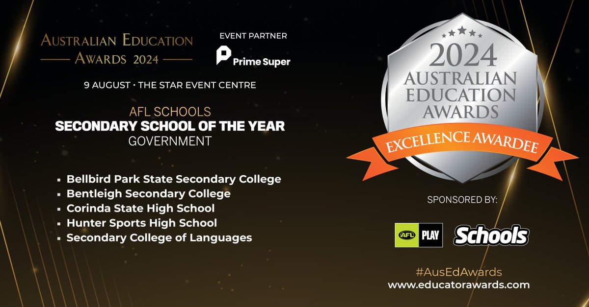 Congratulations to all the Excellence Awardees of the AFL Schools Secondary School of the Year - Government at the 2024 #AusEdAwards! Award winners will be announced on 9 August 2024 at The Star Event Centre. Register now: hubs.la/Q02x2T490 #Education #BestinEducation