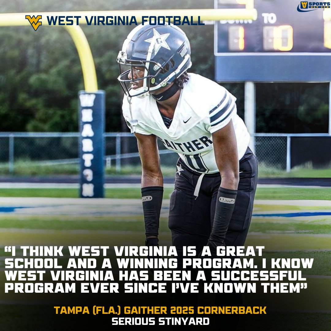Link: gowvu.us/r8v 

Tampa (Fla.) Gaither 2025 CB Serious Stinyard was visited by #WVU during the evaluation period and that’s when he got some big news. #HailWV