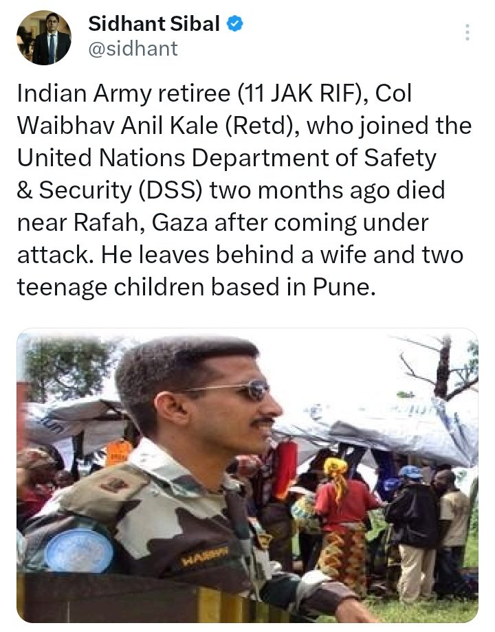 Yesterday an ex-Indian army officer was killed by the IDF, thanks to their campaign of indiscriminate bombing against civilians.

Will the spineless Modi government and lazer eyed sigma Jaishankar condemn the Israelis for killing one of our own or even issue a statement on this?