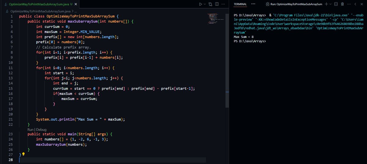 Hi!👋
Day 35 of #Java
Today's focus: Learned two methods to print max Sub-array Sum.
Feeling a bit shaky on my Array concepts, so from tomorrow I'll be revisiting them all.
See you soon.
May your day shine bright with brilliance!🚀🤟
#Day15 of #30DaysOfCode
#DataStructure