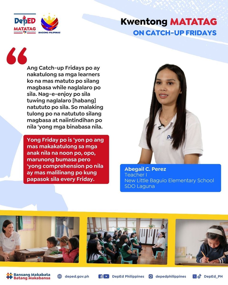 Ibinahagi ni Teacher Abegail Perez ng New Little Baguio Elementary School ang naitutulong ng Catch-up Fridays upang malinang ang comprehension sa pagbabasa ng mga mag-aaral. #MATATAG #BansangMakabata #BatangMakabansa #DepEdPhilippines