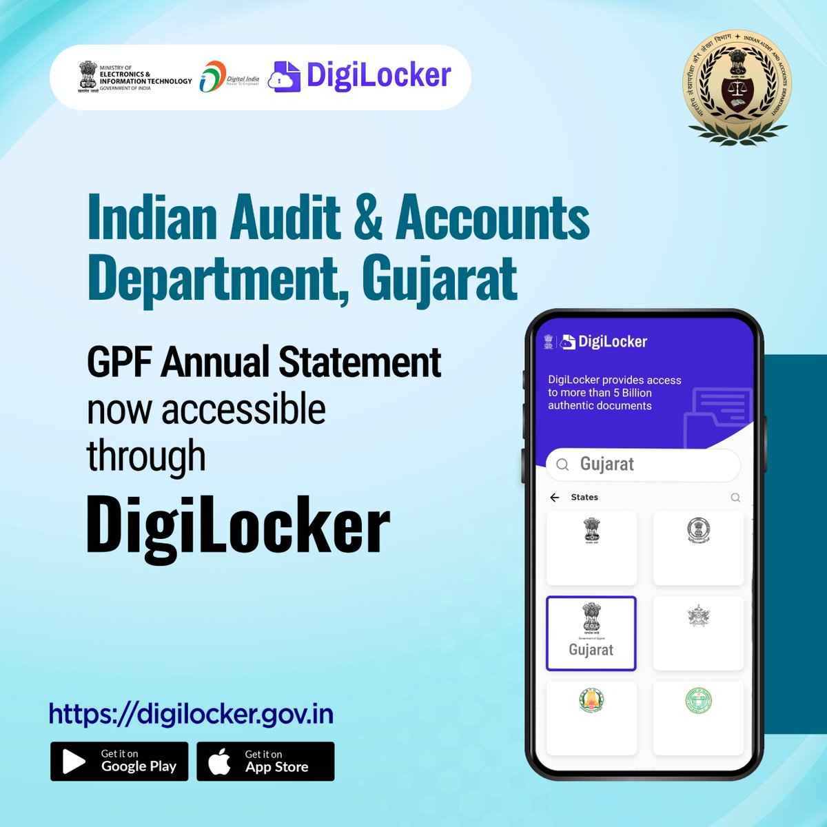 The Indian Audit & Accounts Department in #Gujarat now offers access to GPF Annual Statements through #DigiLocker, simplifying access to financial information for employees. Download App Now digilocker.gov.in/installapp