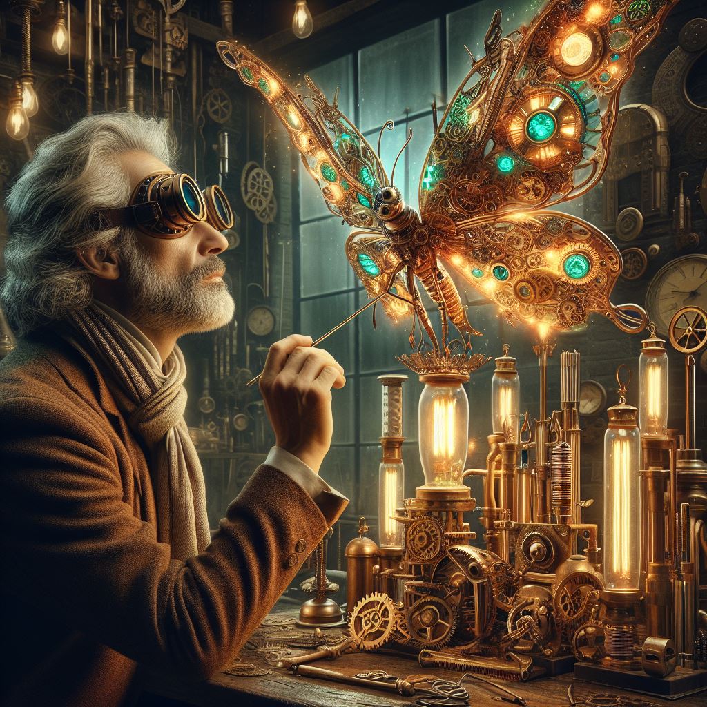 Steampunk Inventor with a Clockwork Butterfly