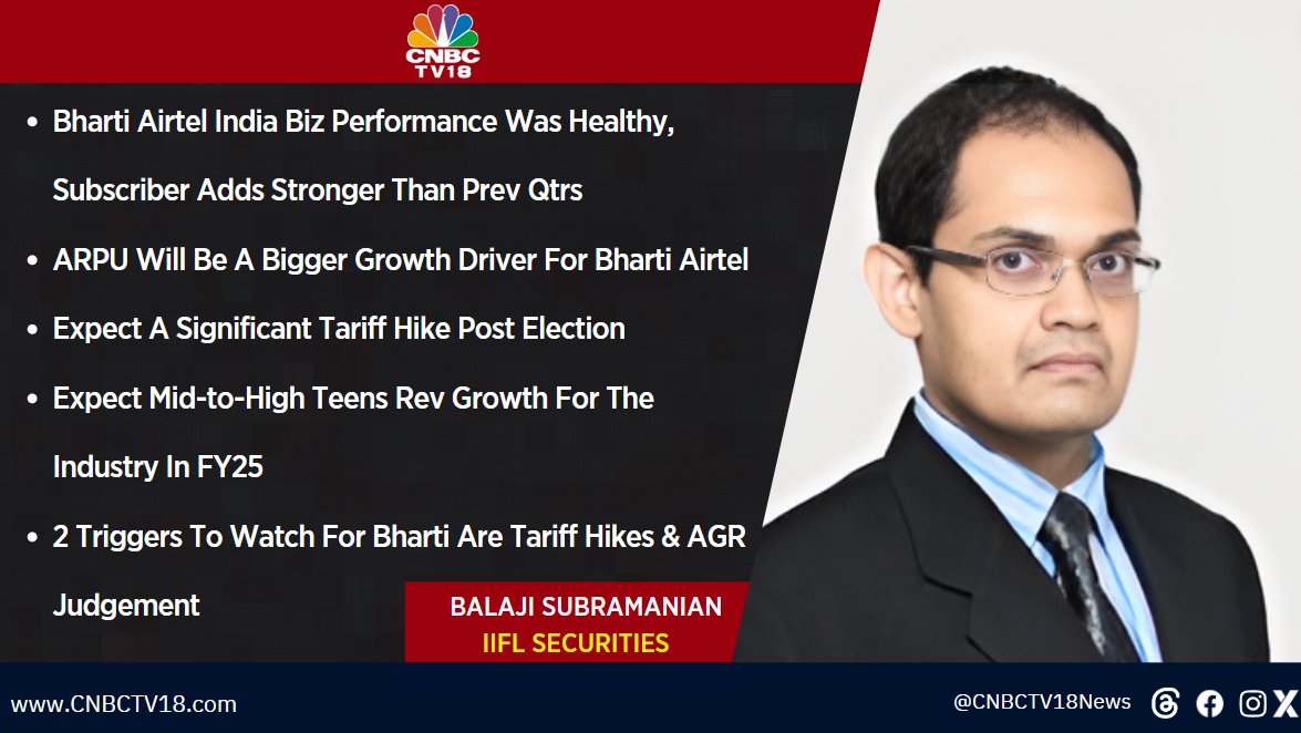 #OnCNBCTV18 | ARPU will be a bigger growth driver for Bharti Airtel. Expect a significant  tariff hike post election. 2 triggers to watch for Bharti Airtel are tariff hikes & AGR judgement, says Balaji Subramanian of IIFL Securities
