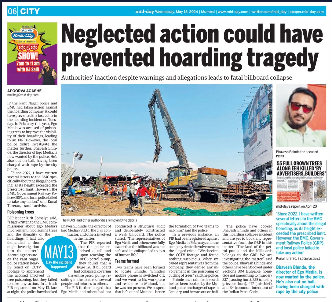 Read the painful ordeal of the families of those who died in #Ghatkopar. Many morons like Ego Media director #BhaveshBhinde—an absconding accused previously arrested in a #RAPE case—continue to thrive due to the blind support of authorities; who will book govt officials??