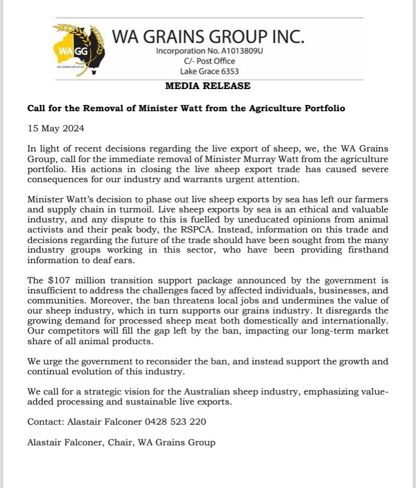 Calls for the removal of Murray Watt from the ag portfolio have started.
It's heartening to see the support for WA sheep producers -  many are mixed farmers & have both. @AustralianLabor either fails to comprehend the damage they're doing or they just don't care. 
#keepthesheep