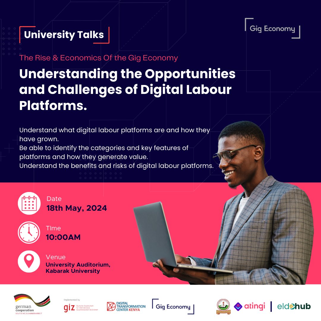 Hello Kabarak University? Eldohub, in partnership with @DTC_Kenya and #GigEconomy presents the Rise and Economics of the Gig Economy Event at @KabarakUniv as we explore Opportunities and Challenges of Digital Labour Platforms Register here ➡️ bit.ly/kabarakUni See you!