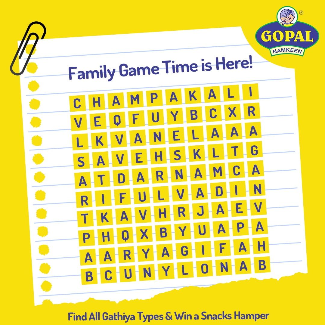 Solve the Puzzle, Win, and Snack On! Sit with your family and decode the puzzle. Whoever finds all the Gathiya types will stand to win a surprise hamper from Gopal Snacks! To enter: 1) Follow the @gopal_namkeen account 2) DM us the completed puzzle with your answers 3) Share