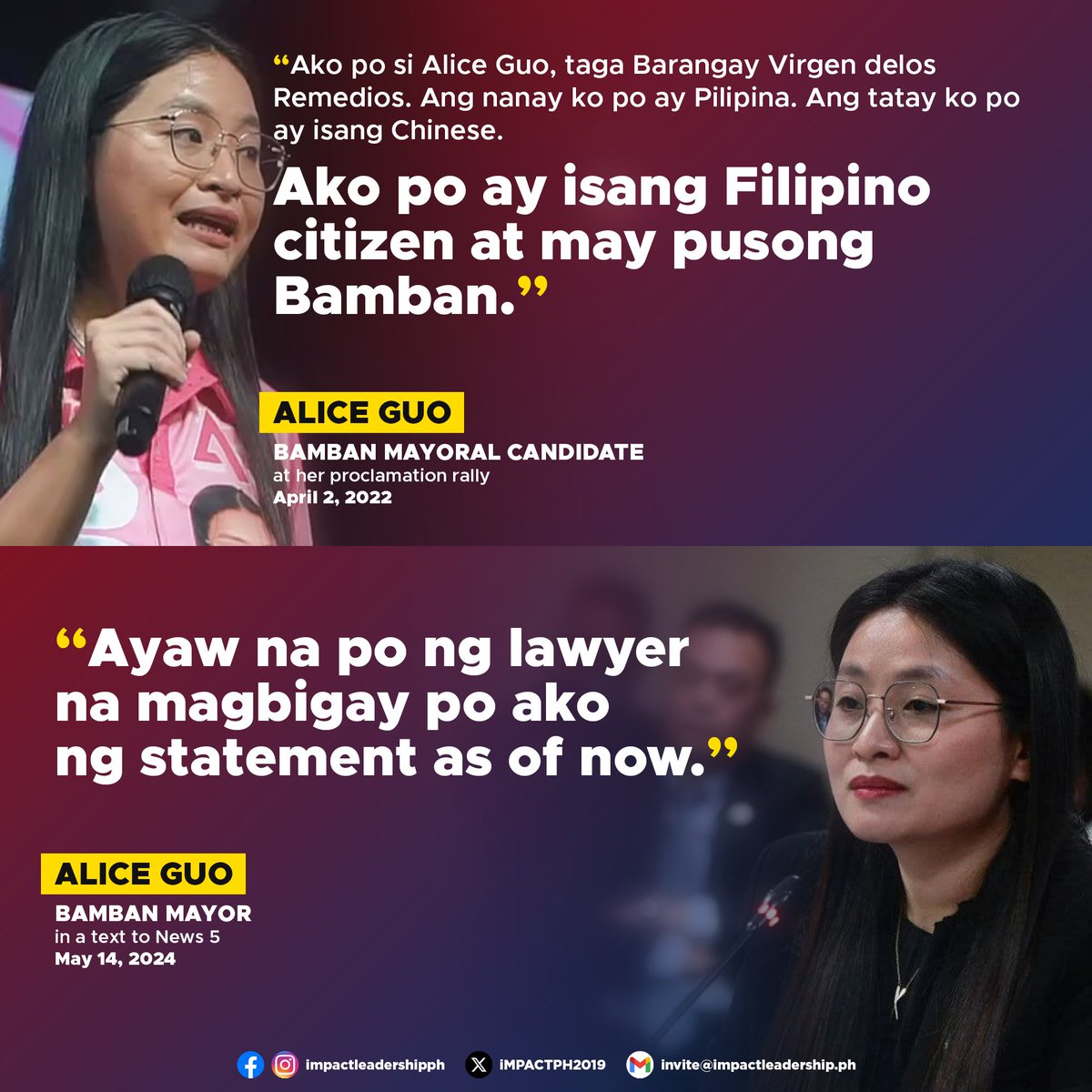 'AYAW NA PO NG LAWYER' Mayor Alice Guo of Bamban, Tarlac, declined to issue a statement to News 5, which aired a report on Tuesday (May 14) about her background. As early as 2022, Guo mentioned that many people had been asking about her identity.