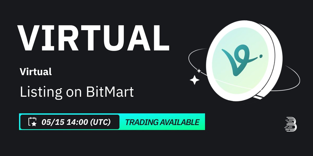 #BitMart will list Virtual (VIRTUAL) @virtuals_ioon our digital assets platform on May 15, 2024 🤩

💰Trading pair: $VIRTUAL/USDT
💎Deposit: 05/14/2024 02:00 PM (UTC)
💎Trading: 05/15/2024 02:00 PM (UTC)

Learn more: support.bitmart.com/hc/en-us/artic…