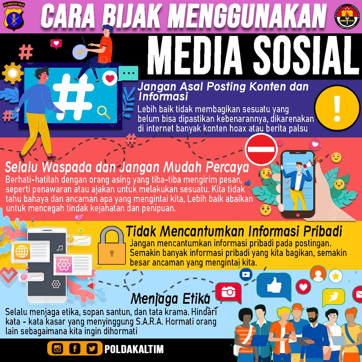 ' CARA BIJAK MENGGUNAKAN MEDIA SOSIAL ' 1. Jangan Asal Posting Konten dan Informasi 2. Selalu Waspada dan Jangan Mudah Percaya 3. Tidak Mencantukan Informasi Pribadi 4. Menjaga Etika WUJUDKAN PILKADA 2024 YANG AMAN DAN DAMAI.....🇮🇩🇮🇩🔥🔥