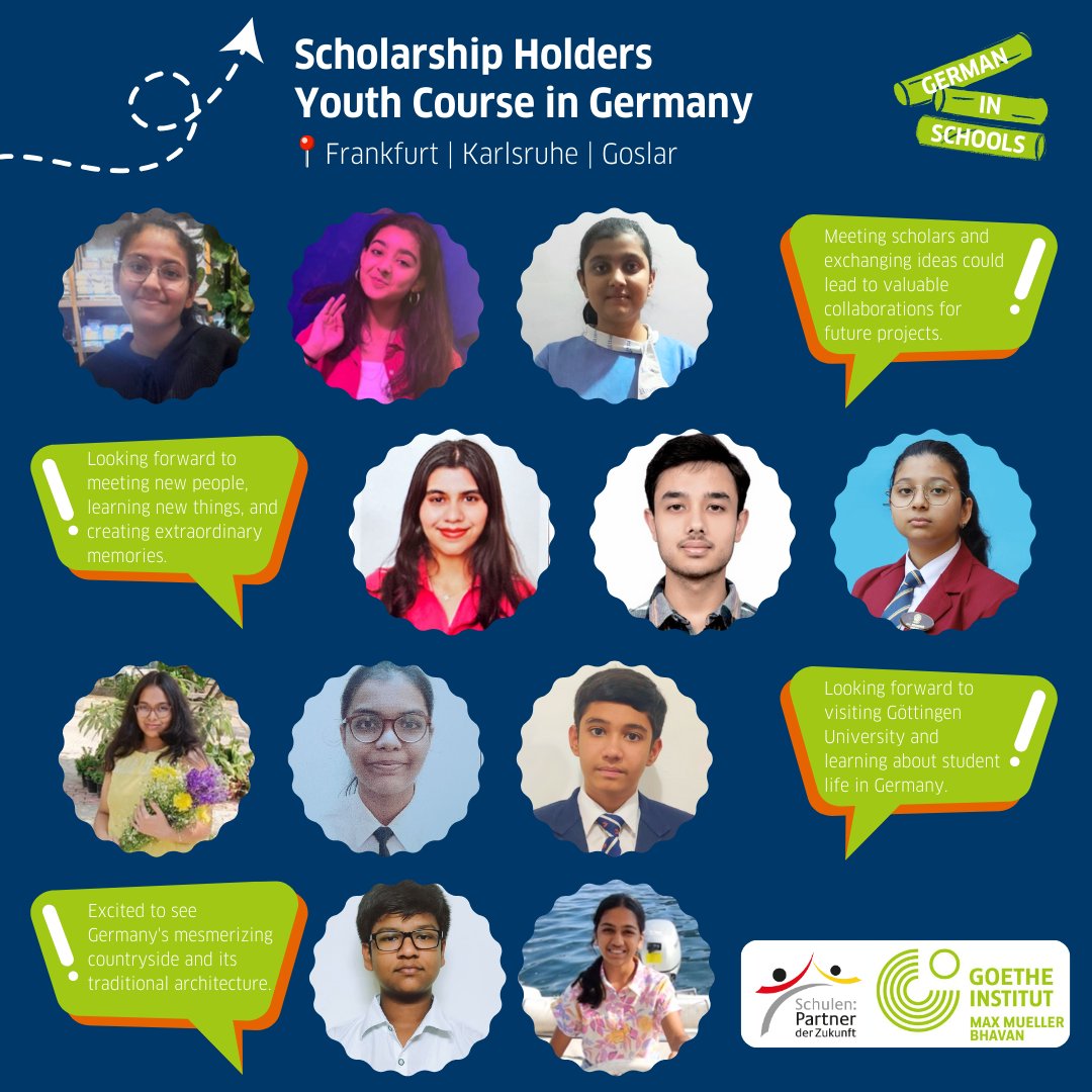 Presenting the winners of the PASCH-Youth Course (JuKu) from our partner schools in North India. They will be attending a German language camp in Frankfurt, Karlsruhe and Goslar in June and July.

Heartiest congratulations!

#LearnGerman #GermanInSchools #PASCH