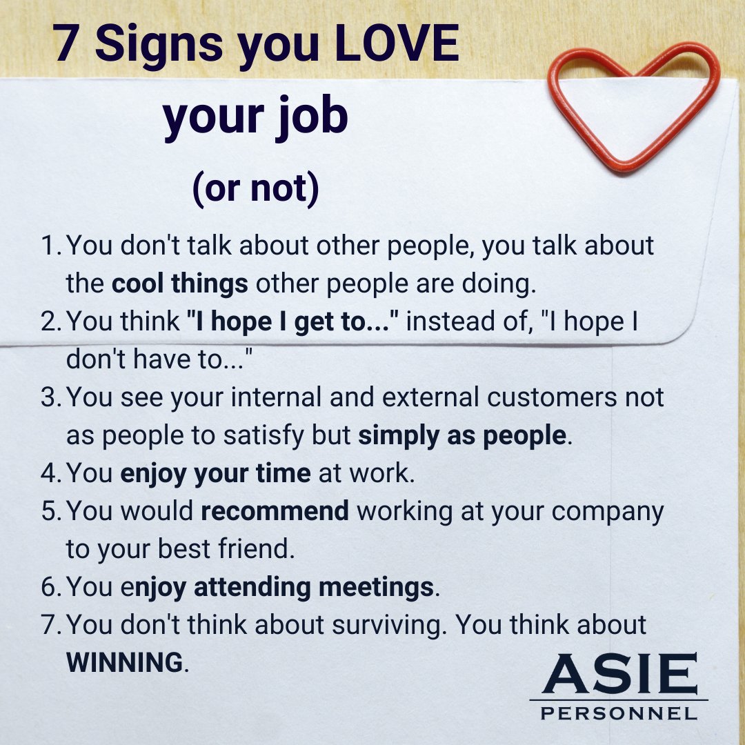 7 Signs you LOVE your job...or not!

#CareerTip #Leadership #asiepersonnel #boutiquerecruitment #recruitmentfirm #recruitmentagency #professionalrecruitment