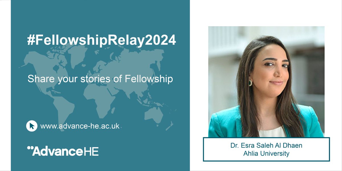 Next in the #FellowshipRelay2024, Dr Esra Al Dhaen, Associate Professor, PFHEA reflects on the impact of Fellowship on teaching at @AhliaUni including innovative teaching and working towards the #UNSDGs 

Read more: social.advance-he.ac.uk/sG3M2l

#highereducation #AHEFellowship