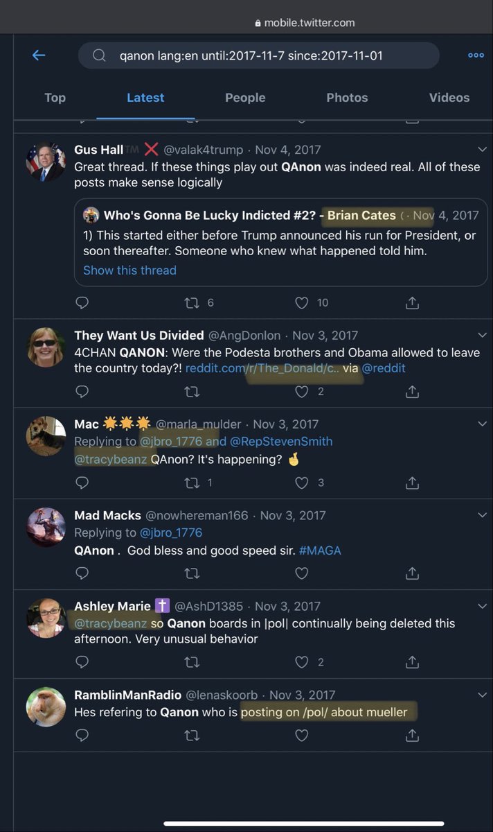 This larper fancies himself to be a psyops practitioner fighting the deep state for Q aka Mike Flynn. Funny that Brian Cates, Joe Flynn’s friend Tracy Diaz, and Mike Jr.’s buddy James Brower were among the first people to mention “Qanon” on Twitter. Weird coincidence. 🤔