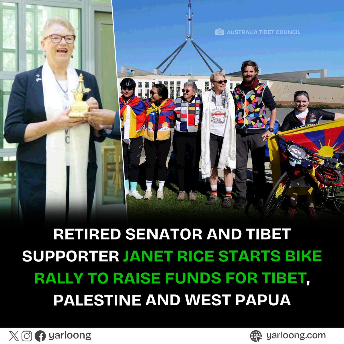 Starting on May 14, it commemorates ten years since her original Ride to Canberra. Funds will support the Australian Tibet Council, the Australian Palestine Advocacy Network and the Australia-West Papua Association. 

#JanetRice #BikeRally #HumanRights #SupportTibet  #yarloong