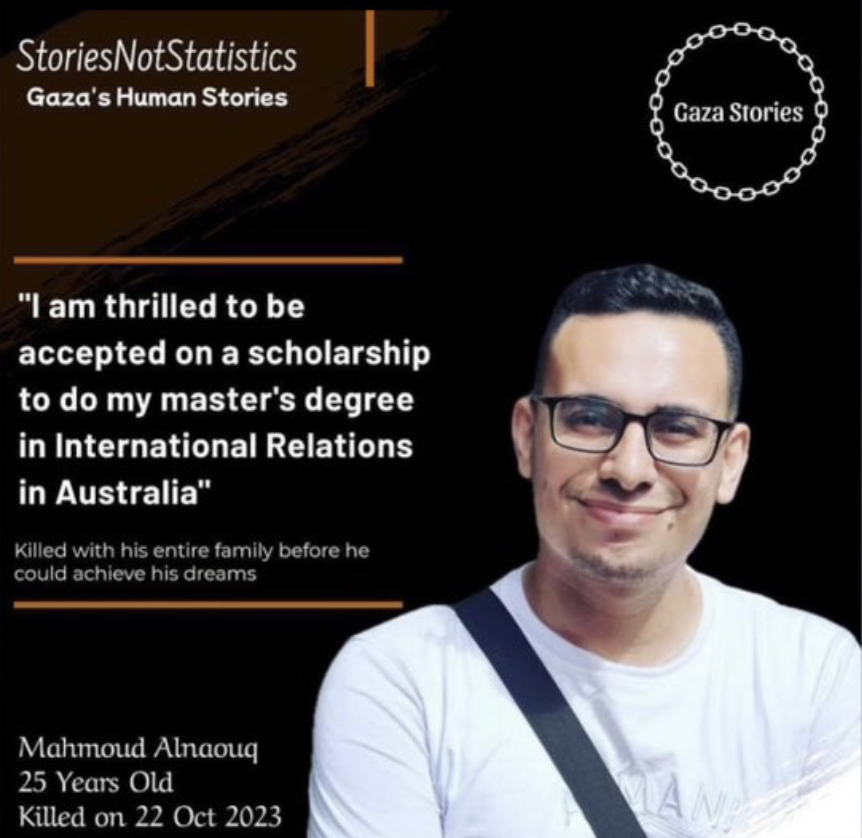 Students at @unimelb have renamed the Arts West building to 'Mahmoud’s Hall.' It's in honour of Palestinian student @MahmoudAlnaouq1 who won a scholarship to study at the uni, but was killed with his family in an Israeli airstrike in #Gaza last October @Umelb4Palestine @AlnaouqA