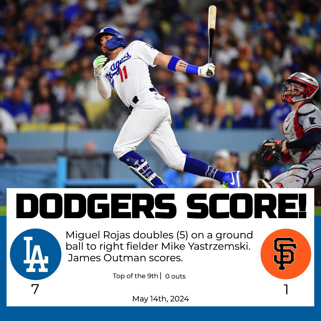 DODGERS SCORE! Miguel Rojas doubles (5) on a ground ball to right fielder Mike Yastrzemski. James Outman scores. Dodgers: 7 Giants: 1 Top of the 9th | 0 outs #LADvsSF