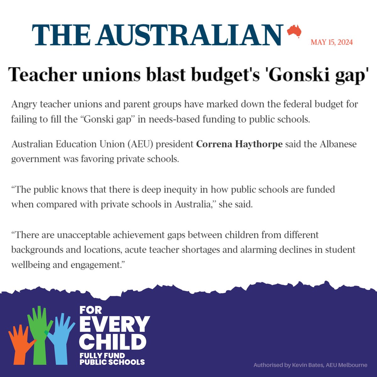 It is deeply disappointing that this year’s Federal Budget has failed to increase the Commonwealth share of school funding, despite widespread support across the nation. @AlboMP our public schools teachers and students can't wait any longer. Full funding now! #auspol