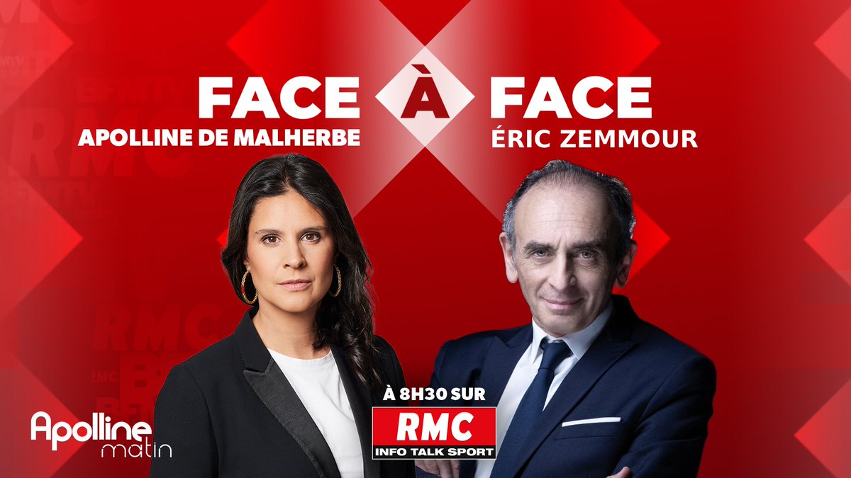 🎙 Ce matin, @ZemmourEric, président du parti 'Reconquête', est l’invité du #FaceÀFace avec @apollineWakeUp 👉 Rendez-vous à 8h30 sur RMC et @BFMTV