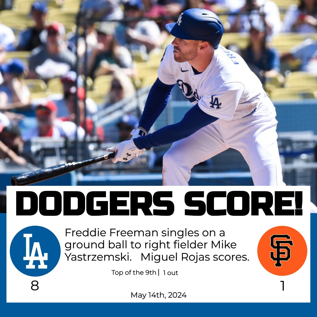 DODGERS SCORE! Freddie Freeman singles on a ground ball to right fielder Mike Yastrzemski. Miguel Rojas scores. Dodgers: 8 Giants: 1 Top of the 9th | 1 out #LADvsSF