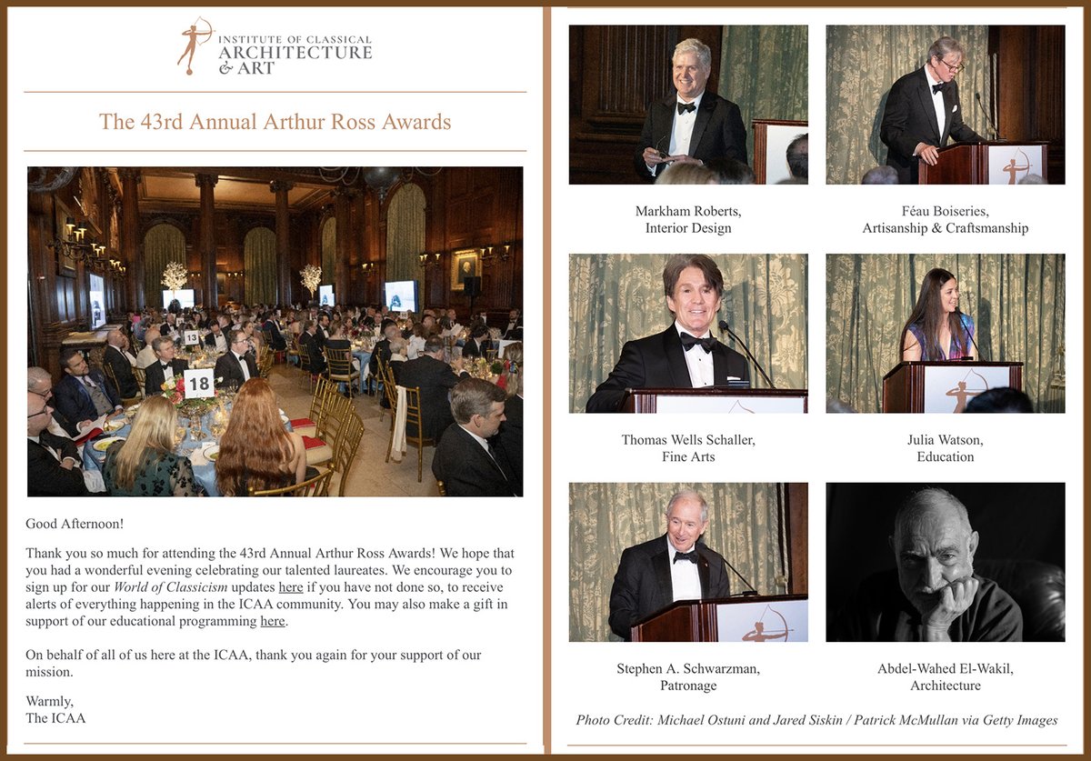 twschaller's tweet image. It was my great honor to be presented last evening with the 2024 Arthur Ross Award in Fine Arts by the Institute of Classical Architecture &amp;amp; Art.  I cannot thank the jury and the organization enough for this tremendous validation. What a night!  #art #architecture #classicism
