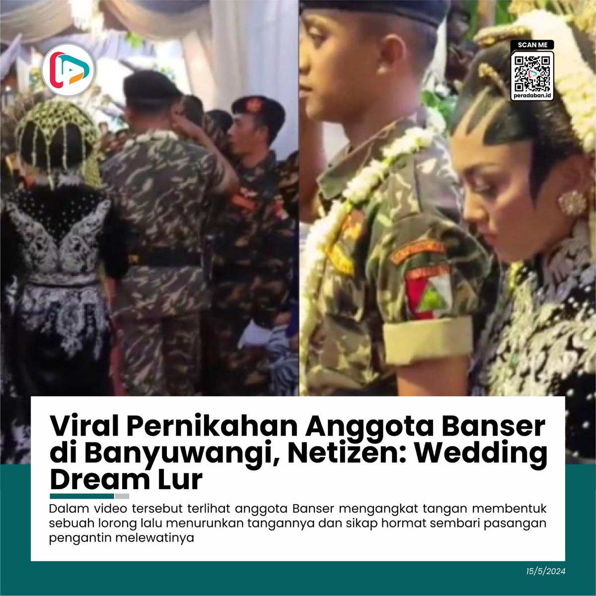 Viral Pernikahan Anggota Banser di Banyuwangi, Netizen: Wedding Dream Lur

Dalam video tersebut terlihat anggota Banser mengangkat tangan membentuk sebuah lorong lalu menurunkan tangannya dan sikap hormat sembari pasangan pengantin melewatinya. <a href="/syaltout/">Mahmud Syaltout</a>
peradaban.id/viral-pernikah…