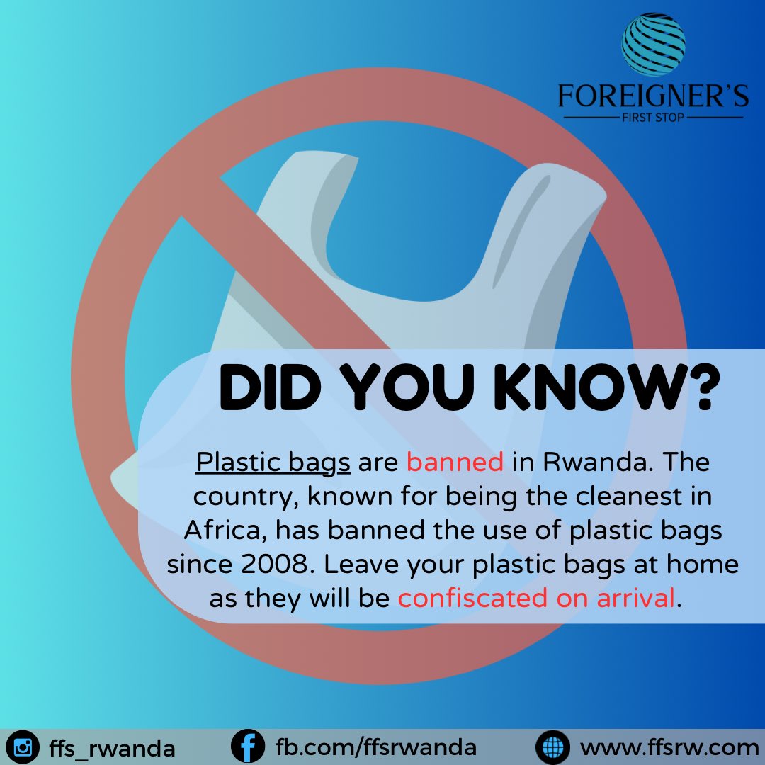 Plastic bags are banned in Rwanda. The country, known for being the cleanest in Africa, has the use of plastic bags since 2008. Leave your plastic bags at home as they will be confiscated on arrival. 
#Rwanda #kigali #eastafrica #Kigali #Rwandatourism #kigalirwanda #plasticban