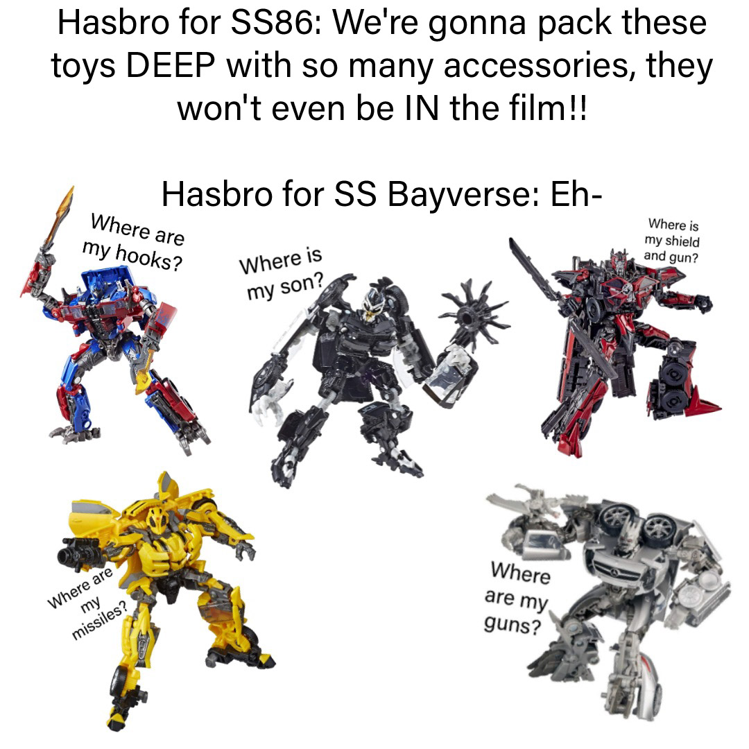 I always think this when seeing them pack in a bunch of stuff for SS86 figures or just extra stuff that wasn't in the film, but it 'should' have. They could make a new accessory pack with all the missing Bayverse stuff!
#transformers #Maccadam #BackToBaysics