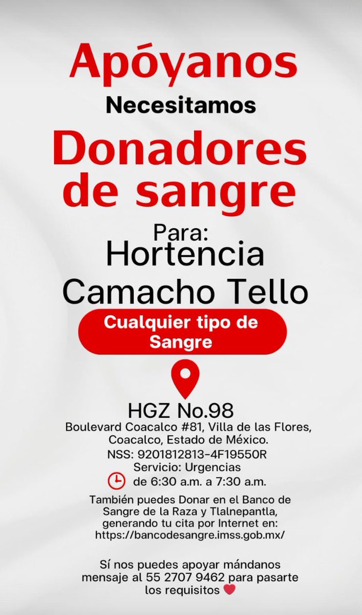 #DonarSangre @DonarVida  @Donadores #EstadoDeMéxico 
Por fa ayuden a compartir ❤️🙏