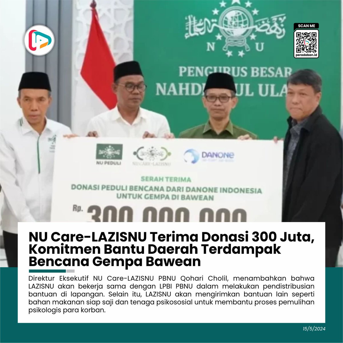 Direktur Eksekutif NU Care-LAZISNU PBNU Qohari Cholil, menambahkan bahwa LAZISNU akan bekerja sama dengan LPBI PBNU dalam melakukan pendistribusian bantuan di lapangan. Selain itu, LAZISNU akan mengirimkan bantuan lain seperti bahan makanan siap saji peradaban.id/nu-care-lazisn…