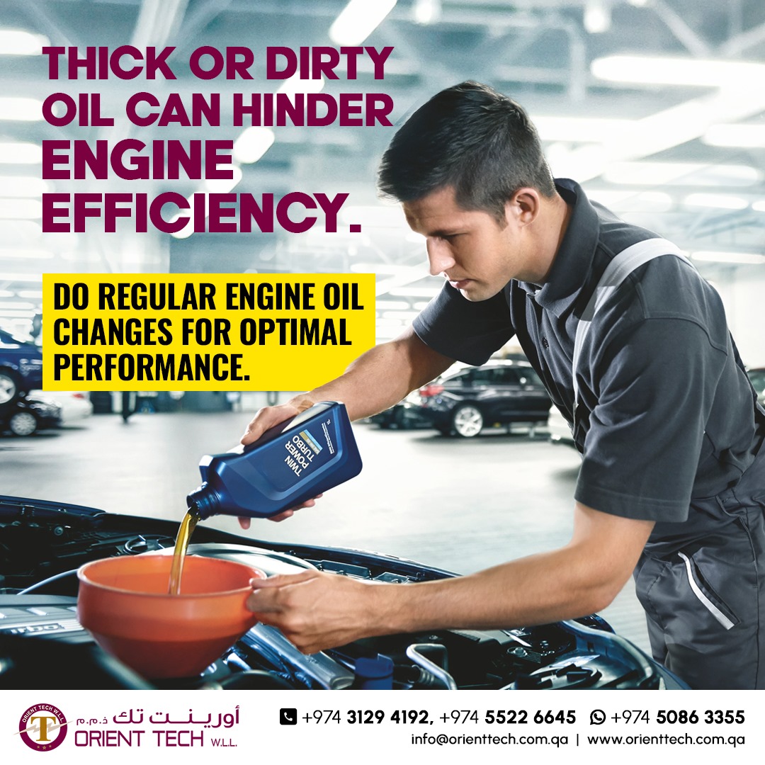 Thick or dirty oil can: 🚫 Reduce engine efficiency 🚫 Cause performance issues ️ 🚫 Lead to premature engine wear ⚙️ ✅ Orienttech WLL in Qatar can help! We provide high-quality engine oil changes to keep your car running smoothly. Schedule yours today!