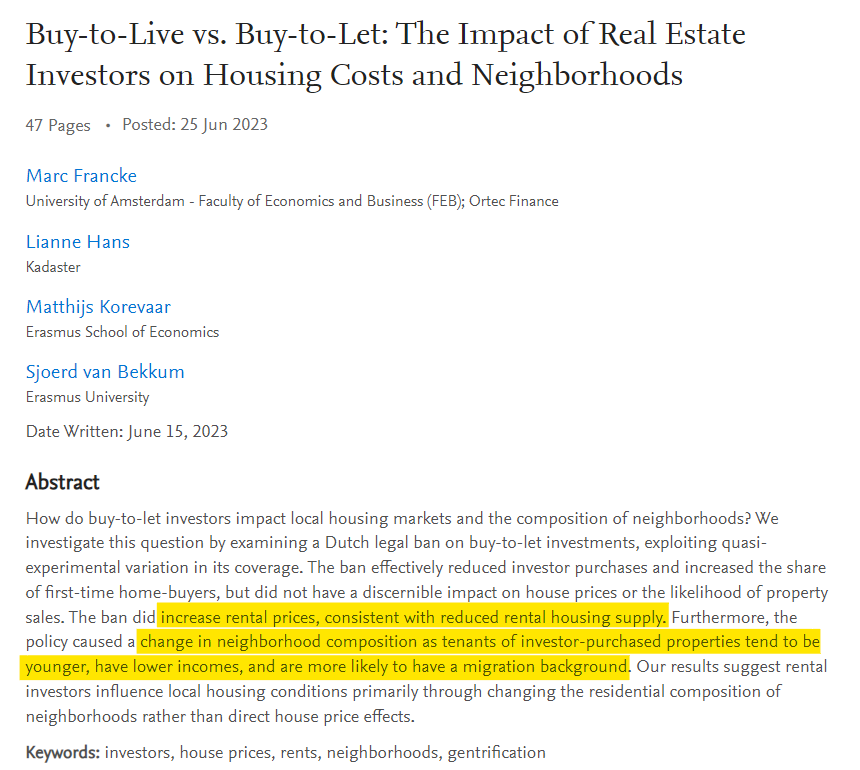 Note that the above findings echo those found in the Netherlands, where a ban on investor landlords in Rotterdam: 📈 Increased rents 👨‍👩‍👧‍👧 Reduced the presence of young, low-income & migrants in the neighborhood, and 🤷‍♂️ Had no impact on house prices Cursed as fuck.…