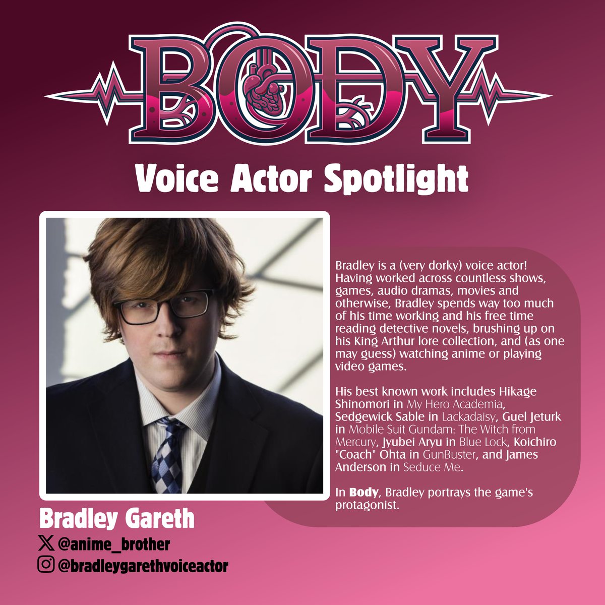 Body | Visual Novel (In Development) 🎮 (@systemsstudios) on Twitter photo Look forward to hearing the ✨illustrious✨ <a href="/anime_brother/">Bradley Gareth (He/Him)</a> in #BodyVN!
We've completed recording and are excited to share his wonderful performance with everyone come time for the game's demo!
#indiedev #gamedev #visualnovel #voiceacting Look forward to hearing the ✨illustrious✨ <a href="/anime_brother/">Bradley Gareth (He/Him)</a> in #BodyVN!
We've completed recording and are excited to share his wonderful performance with everyone come time for the game's demo!
#indiedev #gamedev #visualnovel #voiceacting