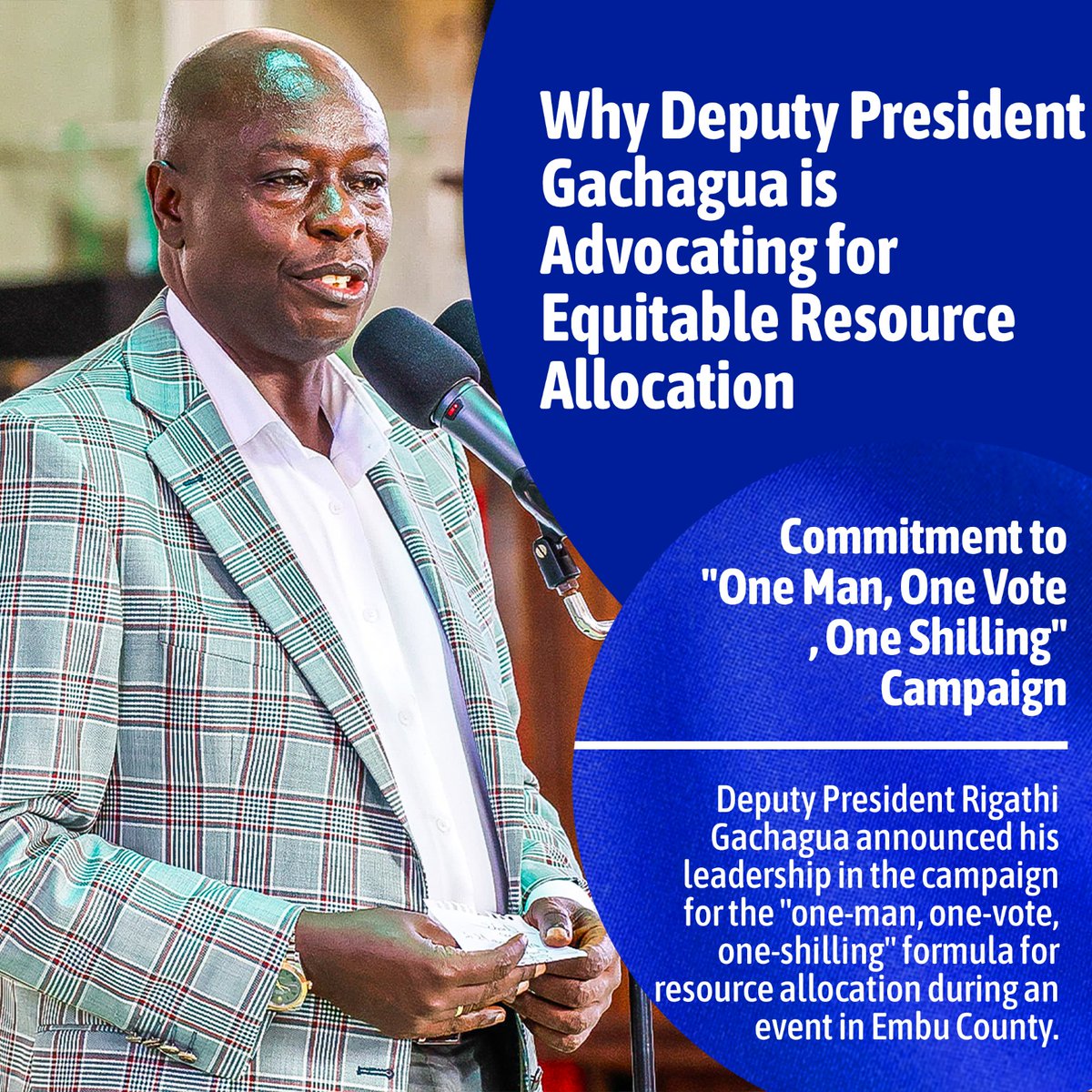 Deputy President Gachagua leads the 'One Man, One Vote, One Shilling' campaign, advocating for resource allocation based on population to ensure fairness across Kenya. 
#OneManOneVoteOneShilling
#RigathiOnAssignment
Fair resource allocation