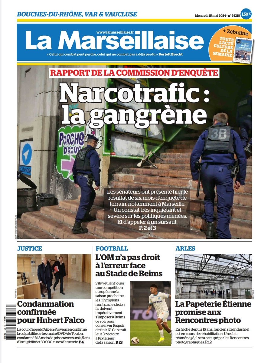 #ÀlaUne du 15 mai 2024 #Narcotrafic #Marseille #HubertFalco #Toulon #OM #TeamOM #Papeterie #Arles En kiosque et par abonnement sur lamarseillaise.fr