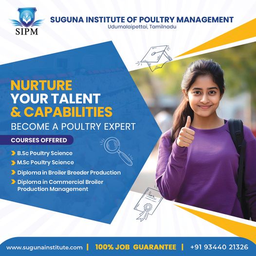 The poultry industry is booming!
Equip yourself with the skills and knowledge to succeed. Become a Poultry Expert with SIPM.
.
.
.
.
#poultry #reachgreaterheights #PoultryScienceCollegesinchennai #careergoals #sugunagroups #educationforall #india