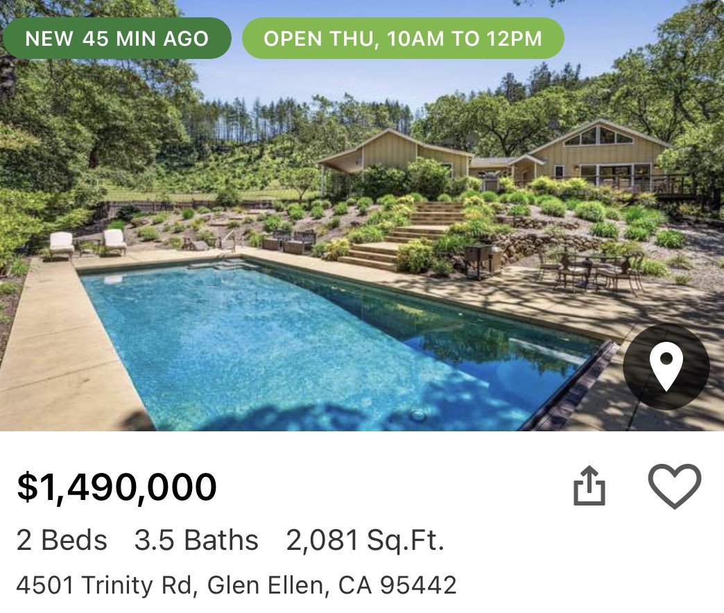 House with pool for sale in Sonoma wine country Per listing, home is zoned for short term rentals, which is very rare. On the market 45 minutes Listed for $1.49MM