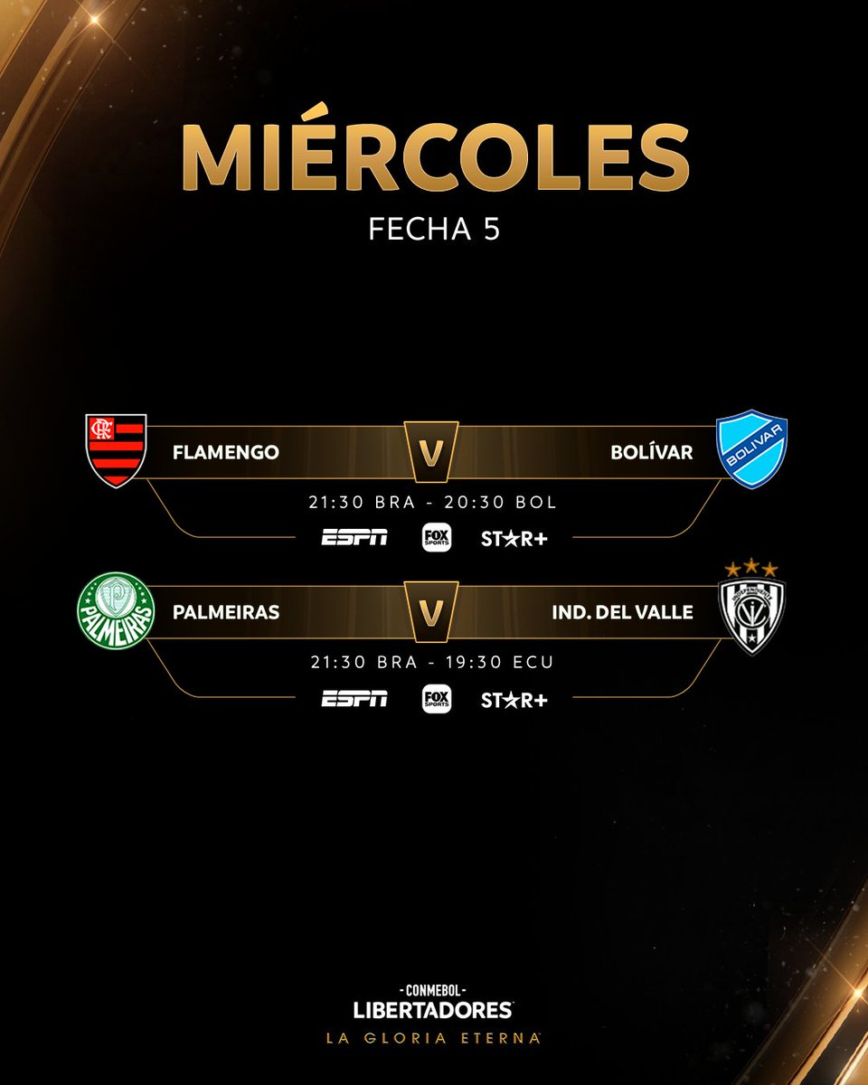 🏆🔜 ¡Miércoles de CONMEBOL #Libertadores! 🗓️ Horarios y TV de los 5⃣ juegos de la jornada. #GloriaEterna