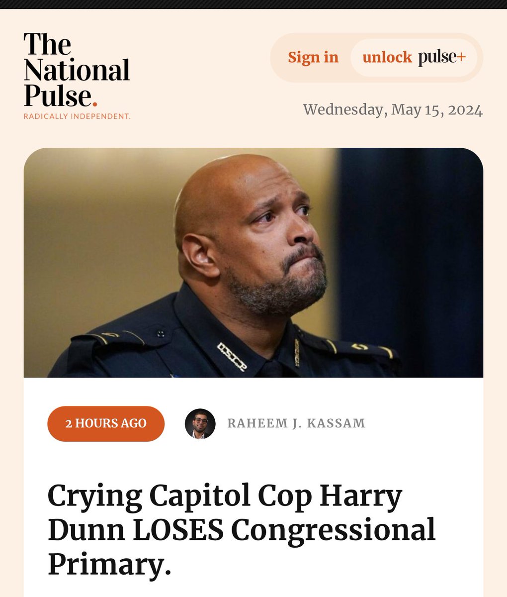 Harry Dunn — the far left Capitol Hill police officer who has cried repeatedly in public over his role in January 6th — has lost his Congressional primary. It is unknown as to whether or not he cried upon hearing the news

Dunn had the endorsements of Nancy Pelosi, Adam Schiff &