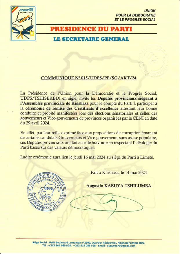 #RDC : A l’UDPS , les députés provinciaux de #Kinshasa recevront des certificats d’excellence pour la probité morale dont ils ont fait montre lors des élections sénatoriales et des gouverneurs du 29 avril dernier . 
L’initiative est signée ; @AugustinKabuyaT SG du Parti .