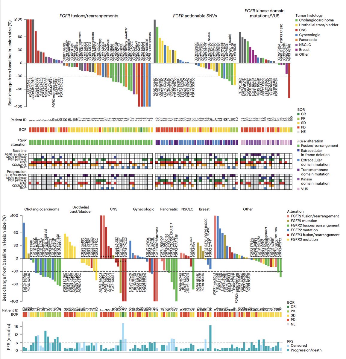 Pemigatinib in previously treated solid tumors w/ activating FGFR1–FGFR3 GA
@NatureMedicine 
doi.org/10.1038/s41591…
🔎 FIGHT-207 basket
👉Fusions most responsive, but histology matters
👉C382R & in frameDel also responsive
👉BAP1: ORR⬆️
👉TP53: ORR⬇️
@myESMO @ILCAnews @EASLnews