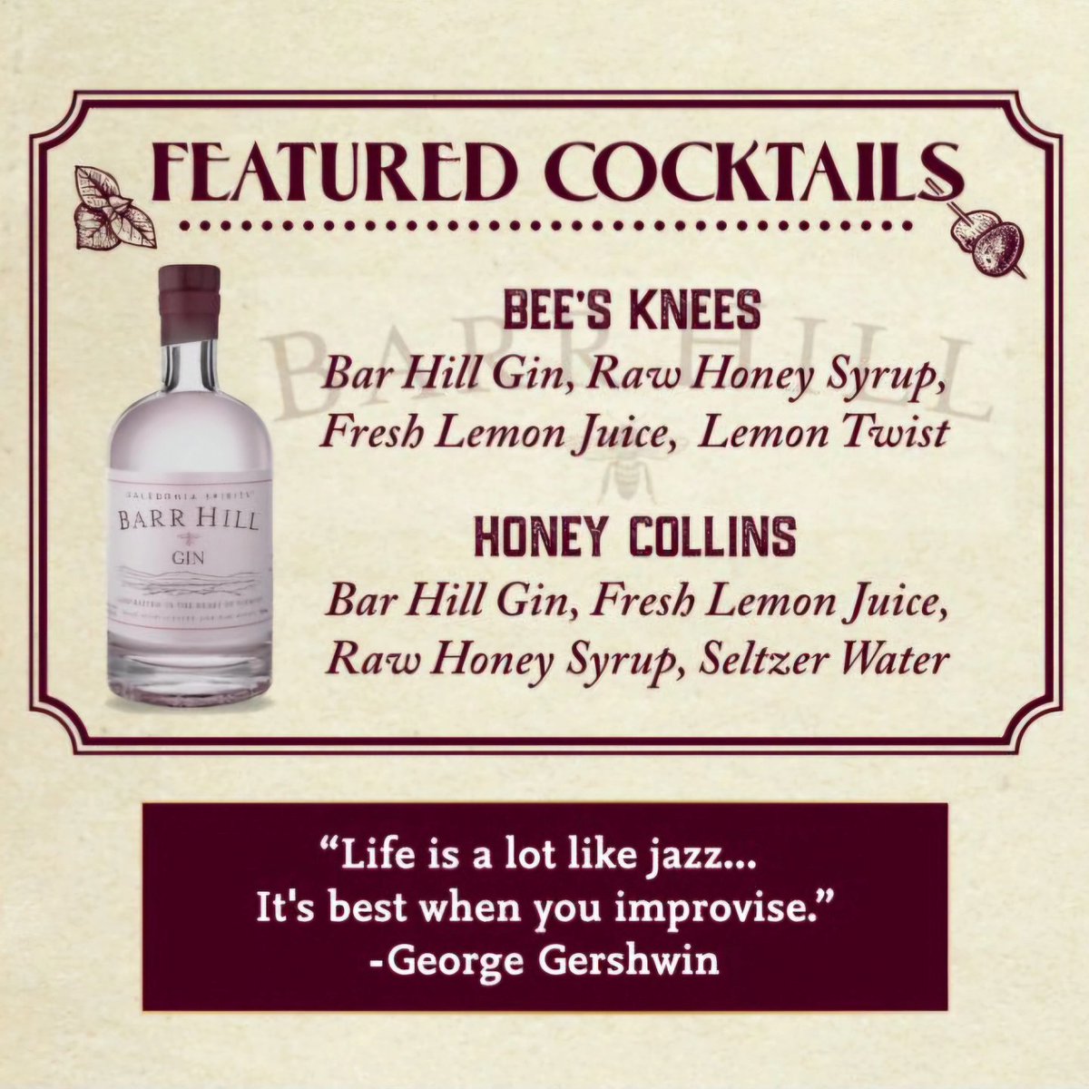 #datenight 🐝 @CatJazzClub is proud to serve... BARR HILL GIN AMERICA'S MOST AWARDED GIN @BarrHillGin is our ode to the hardworking bees of the Northeast. 🐝 More info, visit barrhill.com/products/barr-… #barrhillgin #catalinajazzclub #jazz