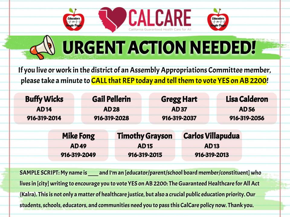 ☎️#CalCare Calls☎️

Is your Assemblymember on this list? Call them TODAY; you can even leave an after-hours message.

The Appropriations Cmte is voting on #AB2200 Wednesday 5/15; we need to flood these offices w support!

It only takes a couple mins, but makes a big impact!👊💥