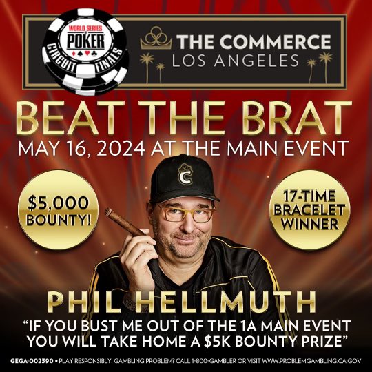 Win my money?!? Maybe…if you are trying to bust me and win $5,000 of my own cash, play Day 1A of @WSOP Circuit “Ring “ Main Event ($1,700 buy in) and bust me. Thursday at @CommerceCasino #POSITIVITY