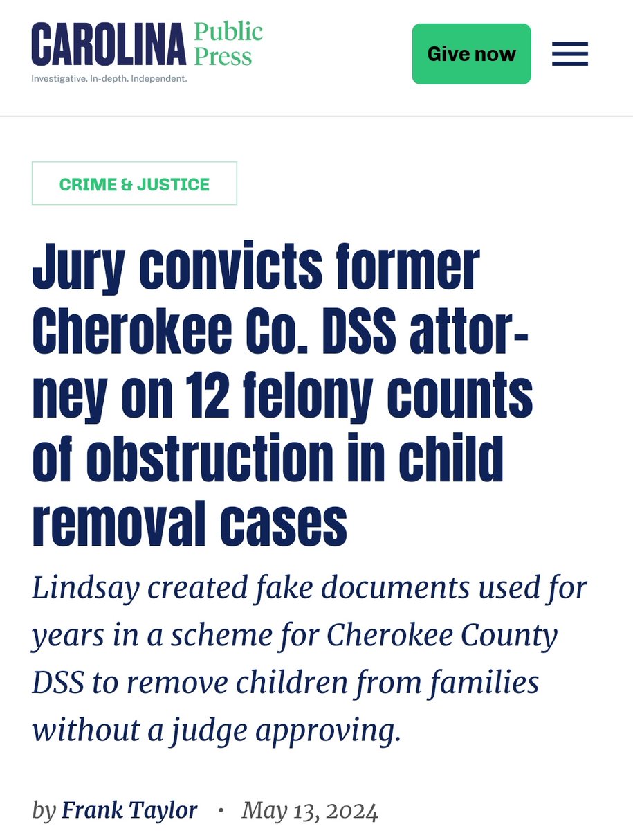 NORTH CAROLINA 
#SAVEOURCHILDREN 
#DefundCPS 

'Lindsay created fake documents used for years in a scheme for Cherokee County DSS to remove children from families without a judge approving.'

🛑 CPS DOES NOT PROTECT CHILDREN 

H/T @NoogaJack

carolinapublicpress.org/63973/jury-con…