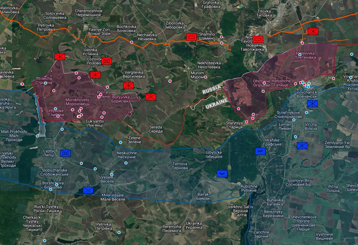 Daily Ukraine map thread 🧵 for Tuesday 14th May 2024 Highlights: Russian forces geolocated fighting in north and east Vovchansk, as well as near Starytsya. Still very limited vehicles spotted. Heavy Russian mechanized losses near Novomykhailivka from earlier in the month