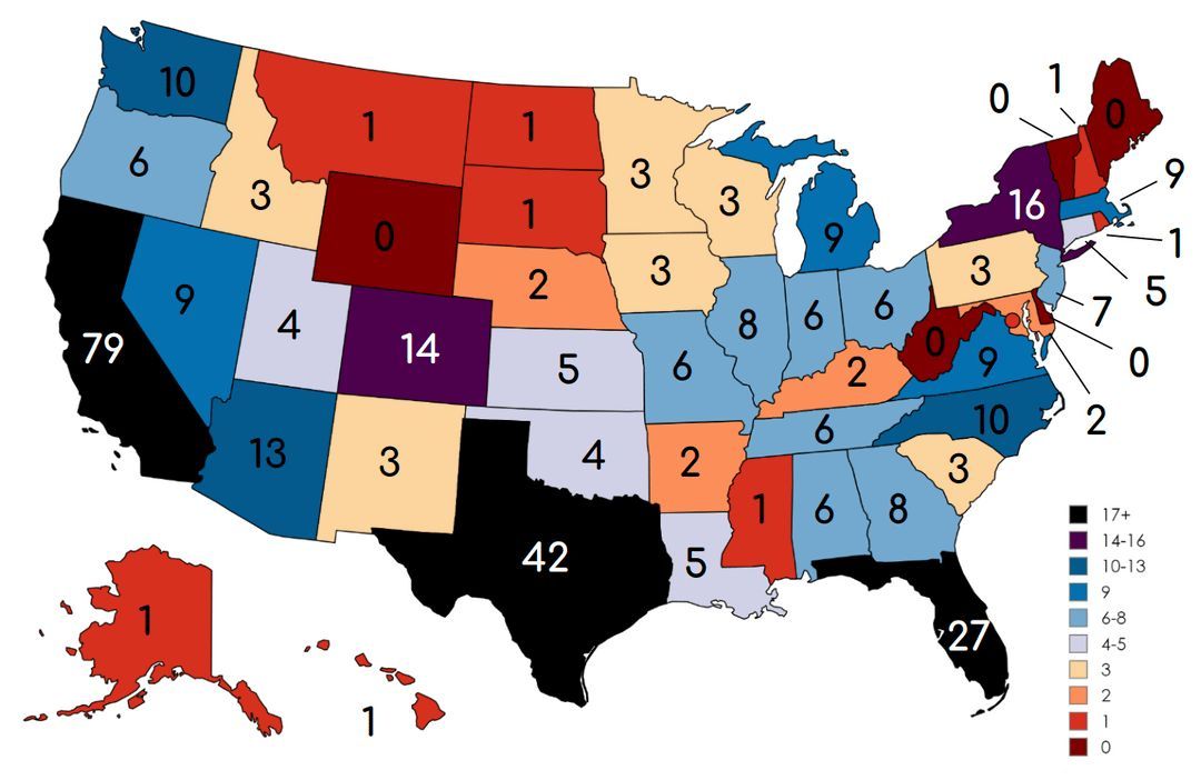 How many cities with a population of 100k+ does each US state have? Source: buff.ly/3UCDEpL